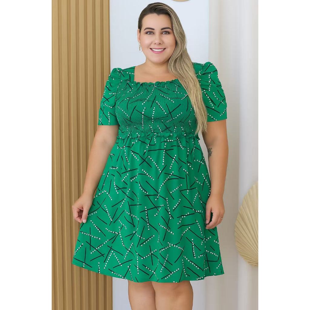 LIMPA ESTOQUE Vestido Curto Plussize 46-50 listrado estampado gola quadrada com elasticidade 2809