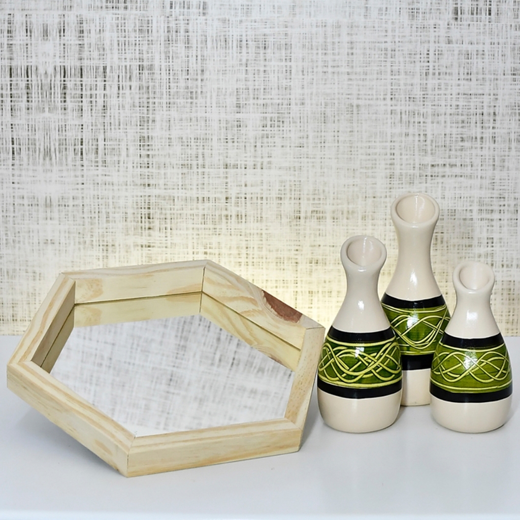Kit 3 Garrafas + Bandeja Espelho Enfeites Decorativo Cerâmica Elegante Conjuntos Completo Casa Mesa