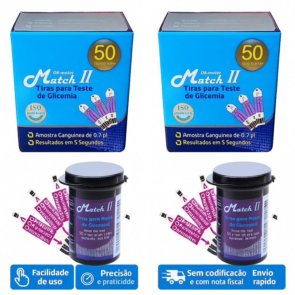 Kit 100 Tiras De Glicemia Match Ii Para Aparelho Ok Meter fitas reagentes Match 2 em Oferta na Shopee
