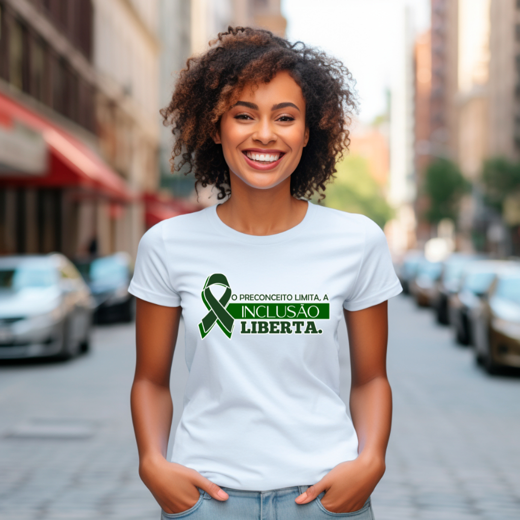 T-shirt Casual Estampada Movimento Setembro Verde Inlcusão Liverta Laço Verde Look Plus Confortável