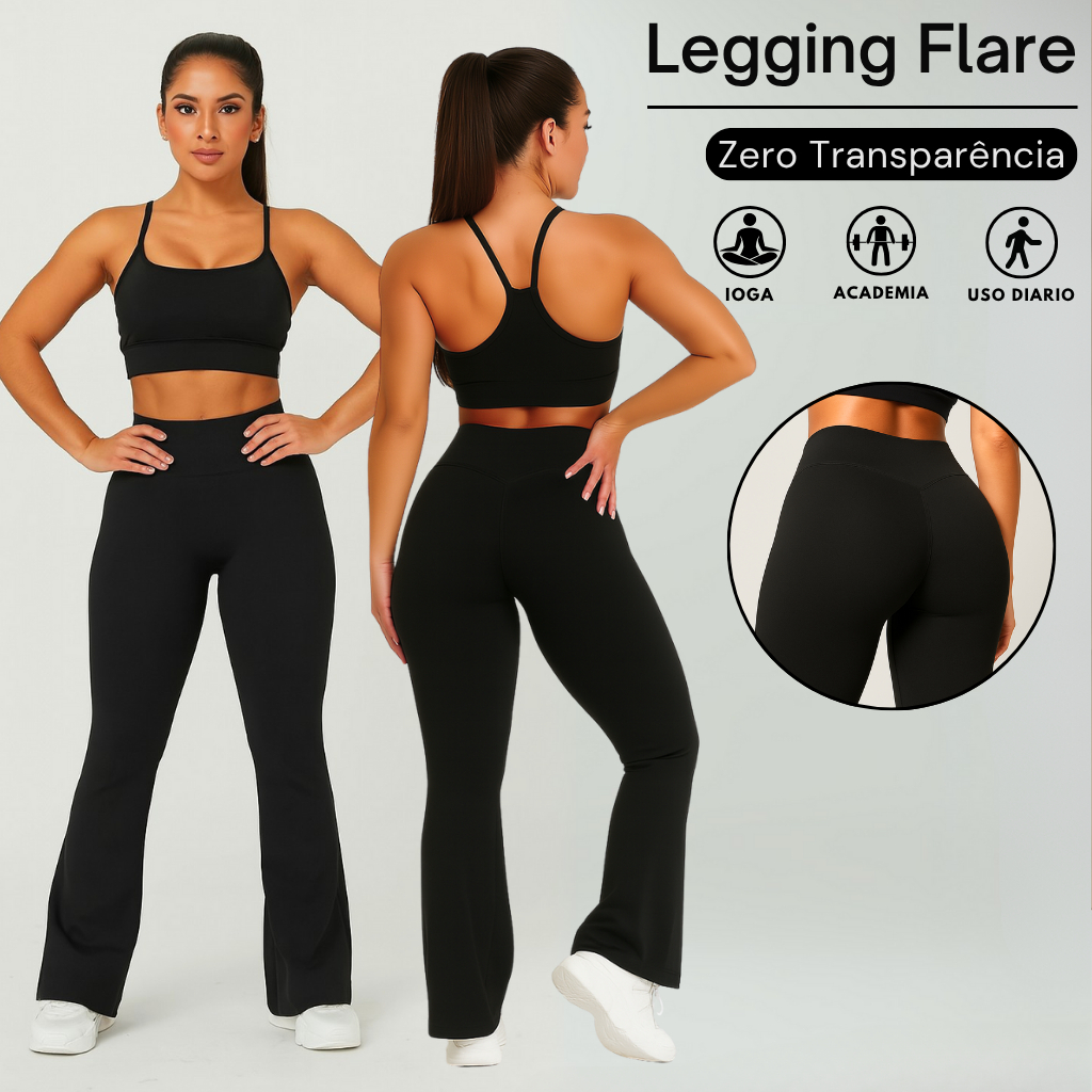 Calça Flare Feminina Cintura Alta Empina Bumbum Tecido Grosso Zero Transparência Premium Suplex 310g