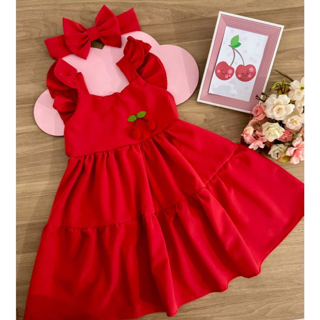 Vestido infantil Maria menina luxo cerejinha casual cereja festa criança rodado
