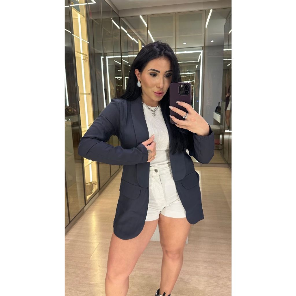 Blazer Alfaiataria Feminino Estiloso Básico Max Social Trabalho Moda Feminina Acinturado Medio Preto Off