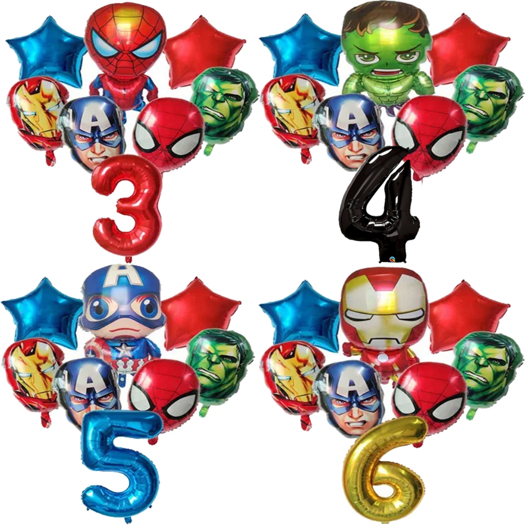 8 Balão Vingadores + Número Balões Metalizados Marvels Escudo Capitão América, Homem Aranha, Homem de Ferro, Hulk
