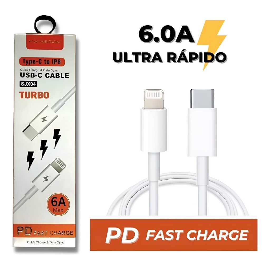 Cabo iPhone Turbo iOS USB e USB-C 6A 1Metro Ultra Rapido Branco H'Maston