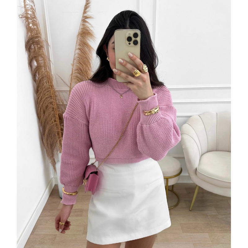 Cropped Tricô Inverno Manga Bufante Tricot Feminino Comfy