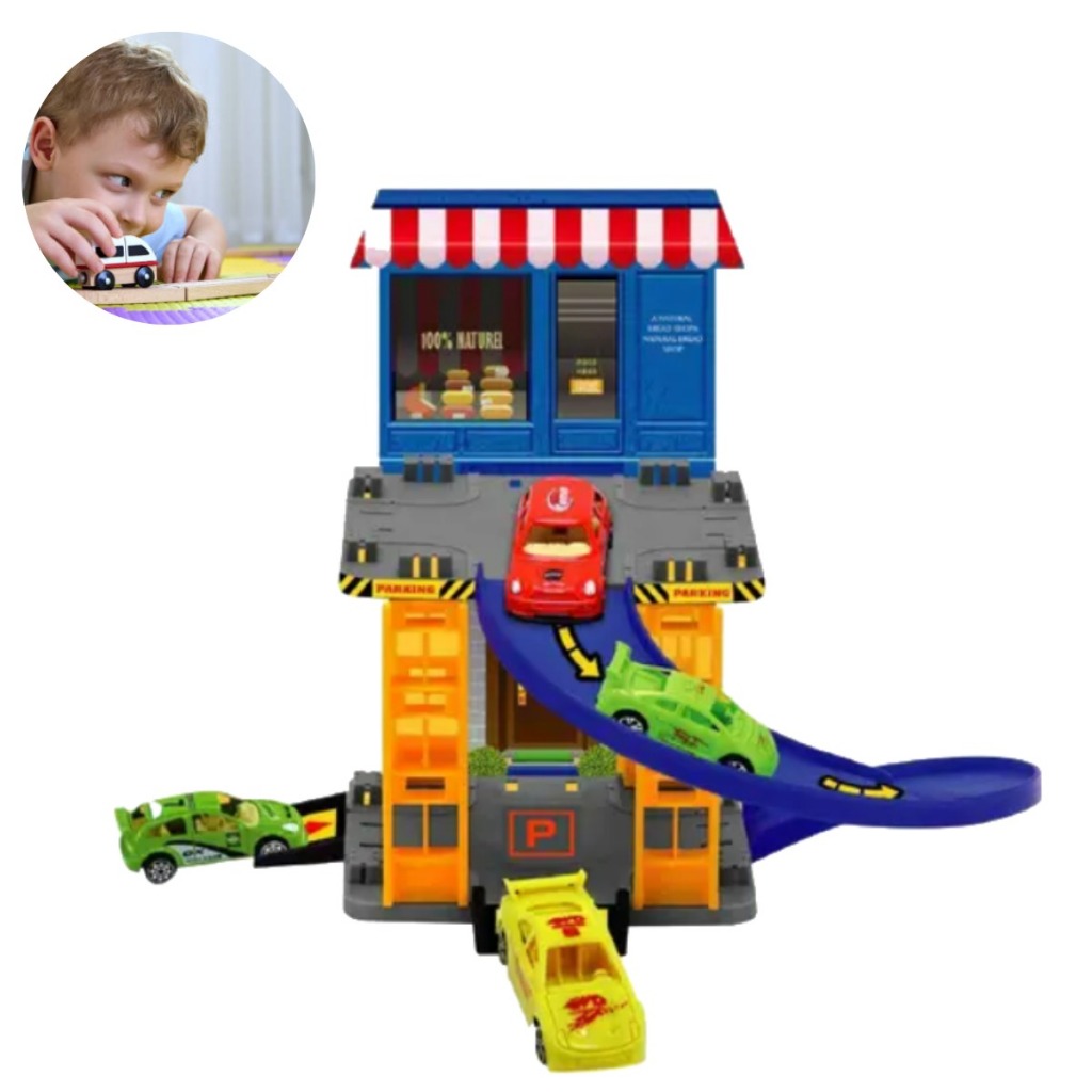 MINI GARAGEM com CARRINHO Rampa Estacionamento Brinquedo Educativo para Crianças Pista de montar
