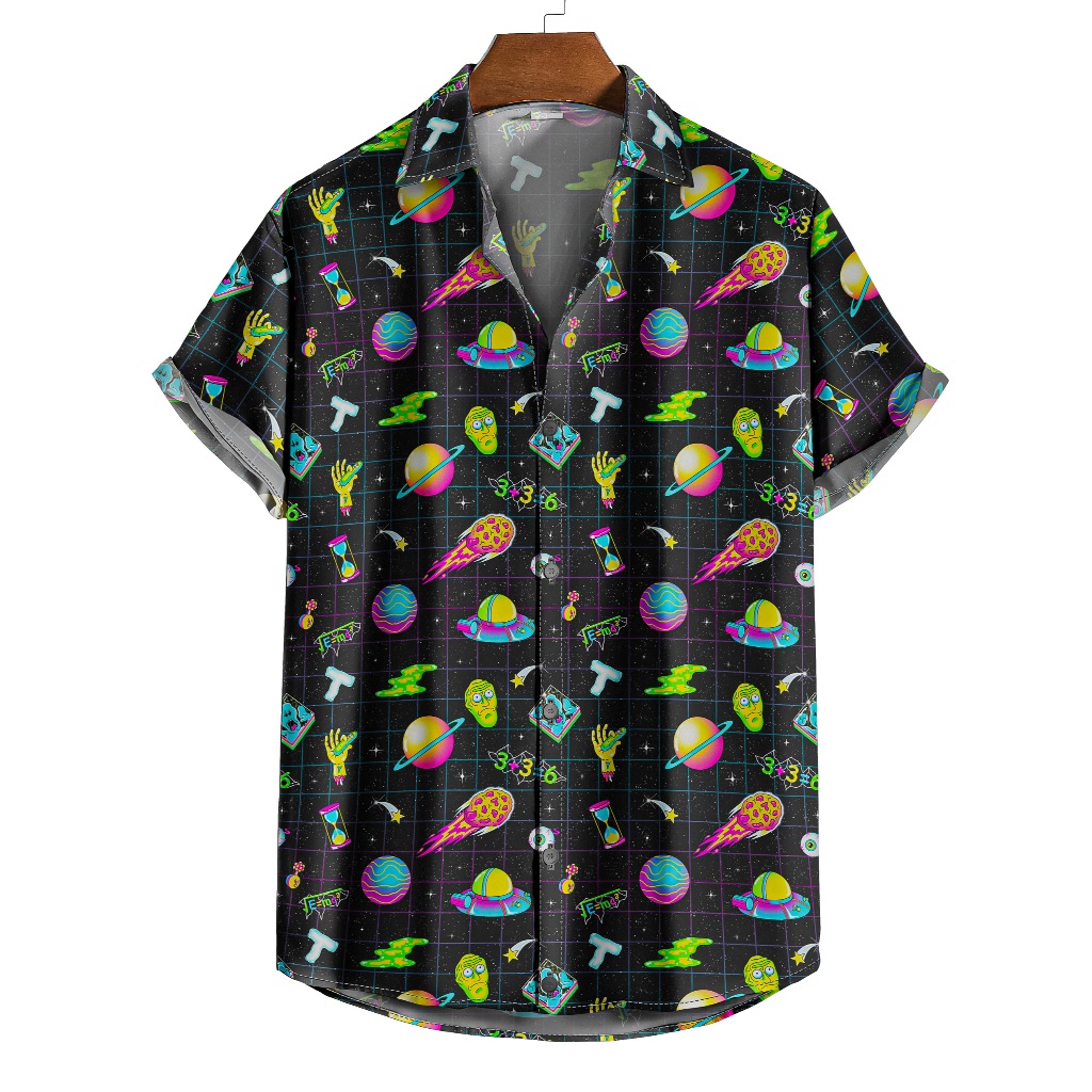 Camisa De Botão Estampada Rick And Morty – Estilo Retrô Space Neon, Alienígenas E Planetas Psicodélicos [Ref-018]