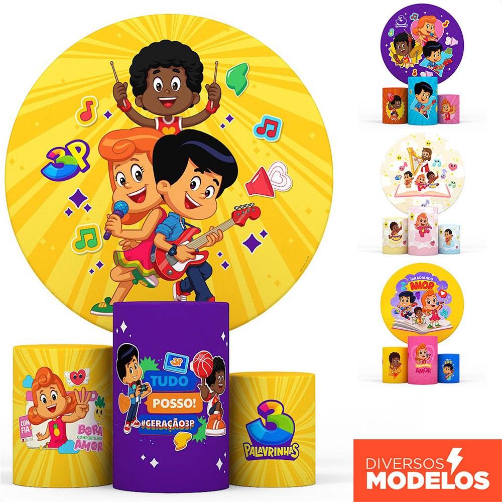 Kit Painel Redondo + Capa de Cilindro Decoração Festa Infantil 3 Palavrinhas Tecido Sublimado - Licenciado em Oferta na Shopee