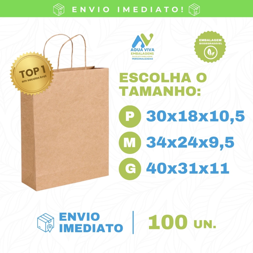 Sacolas De Papel Kraft 100 UN - Escolha Seu Tamanho em Oferta na Shopee