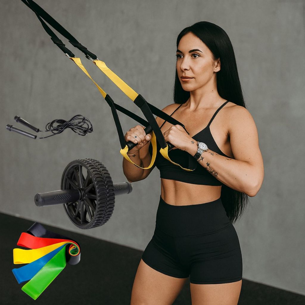 Fita de Suspensão TRX Kit 5 Faixas Elásticas Roda Abdominal Corda de Pular Academia Treino Funcional Fitness