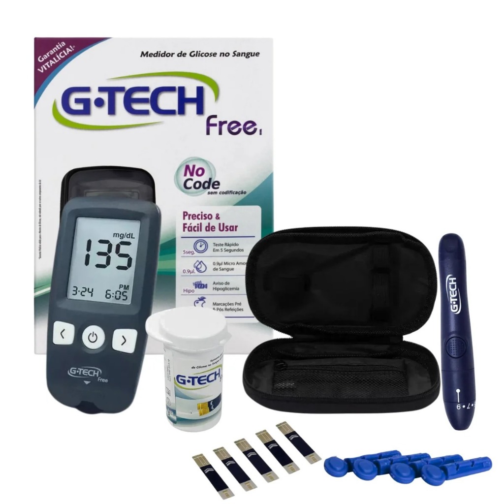KIT COMPLETO MEDIDOR GLICOSE G-TECH FREE + 1 CANETA + 10 LANCETAS + 10 TIRAS em Oferta na Shopee