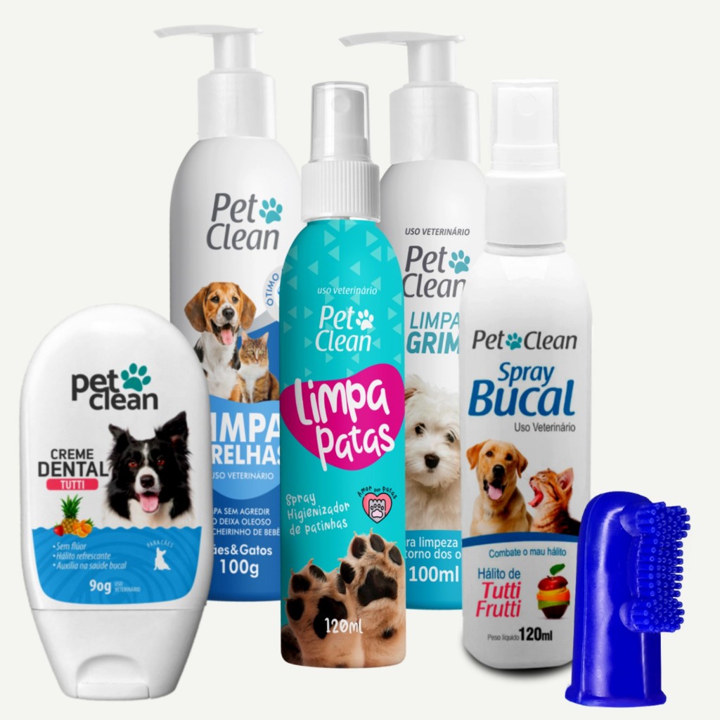 Kit Limpador de Lagrimas Limpa Orelha Limpeza de Patas Spray Creme Dental e Escova Bucal Para Cachorro e Gatos