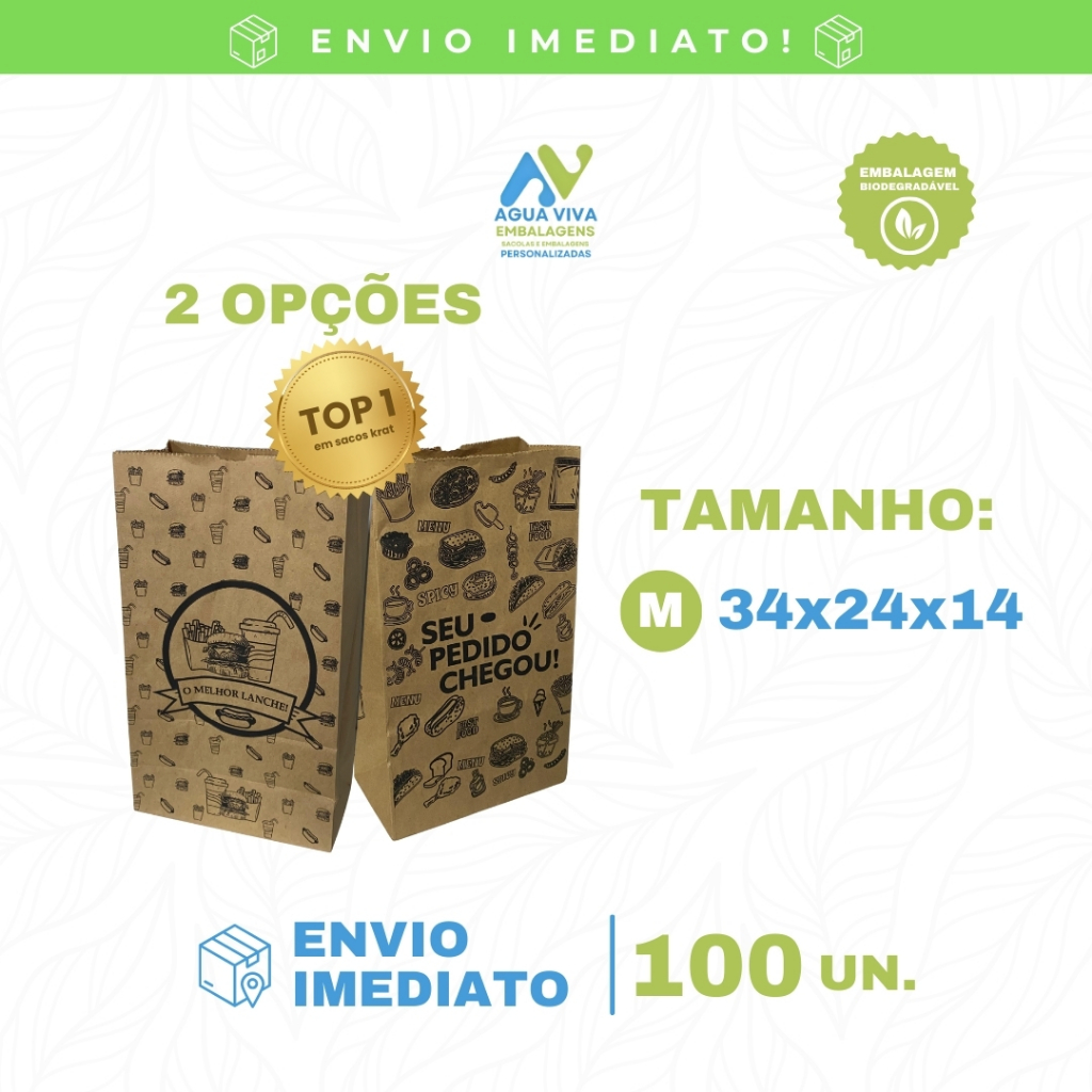Saco Kraft M Biodegradáveis Personalizado – 100 Unidades | Escolha o Design