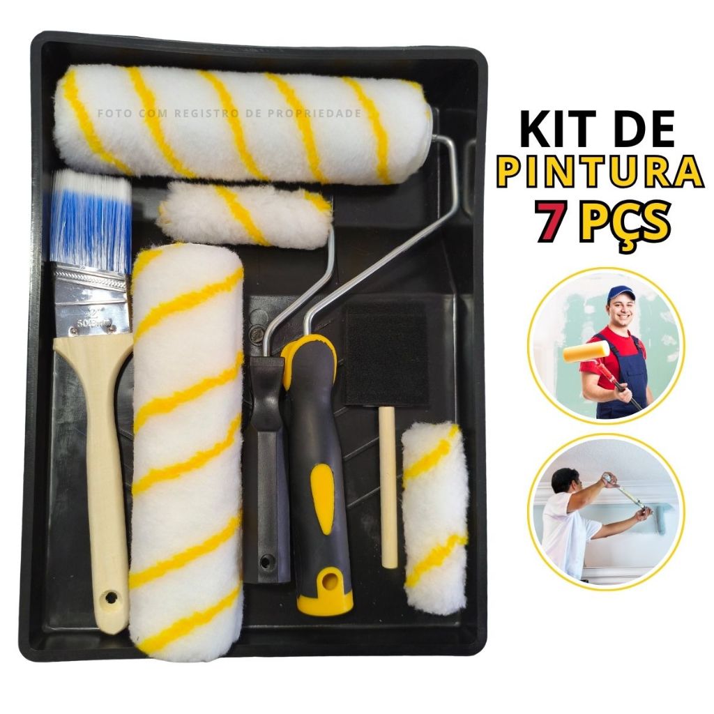 Kit Pintura De Parede Rolo Lã Com rolos E Pincel + bandeja C/ 7 Peças