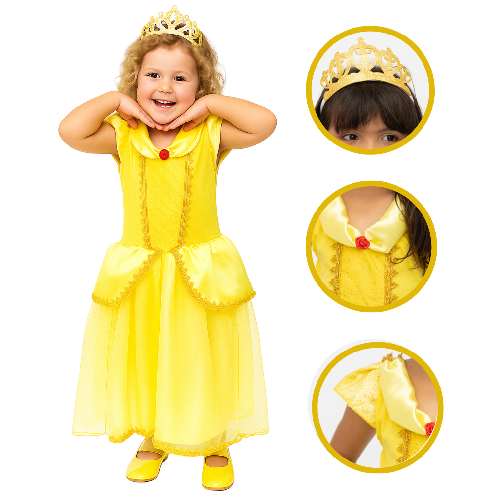 Vestido Fantasia da Bela princesa infantil longo com coroa, perfeito para cosplay e festa