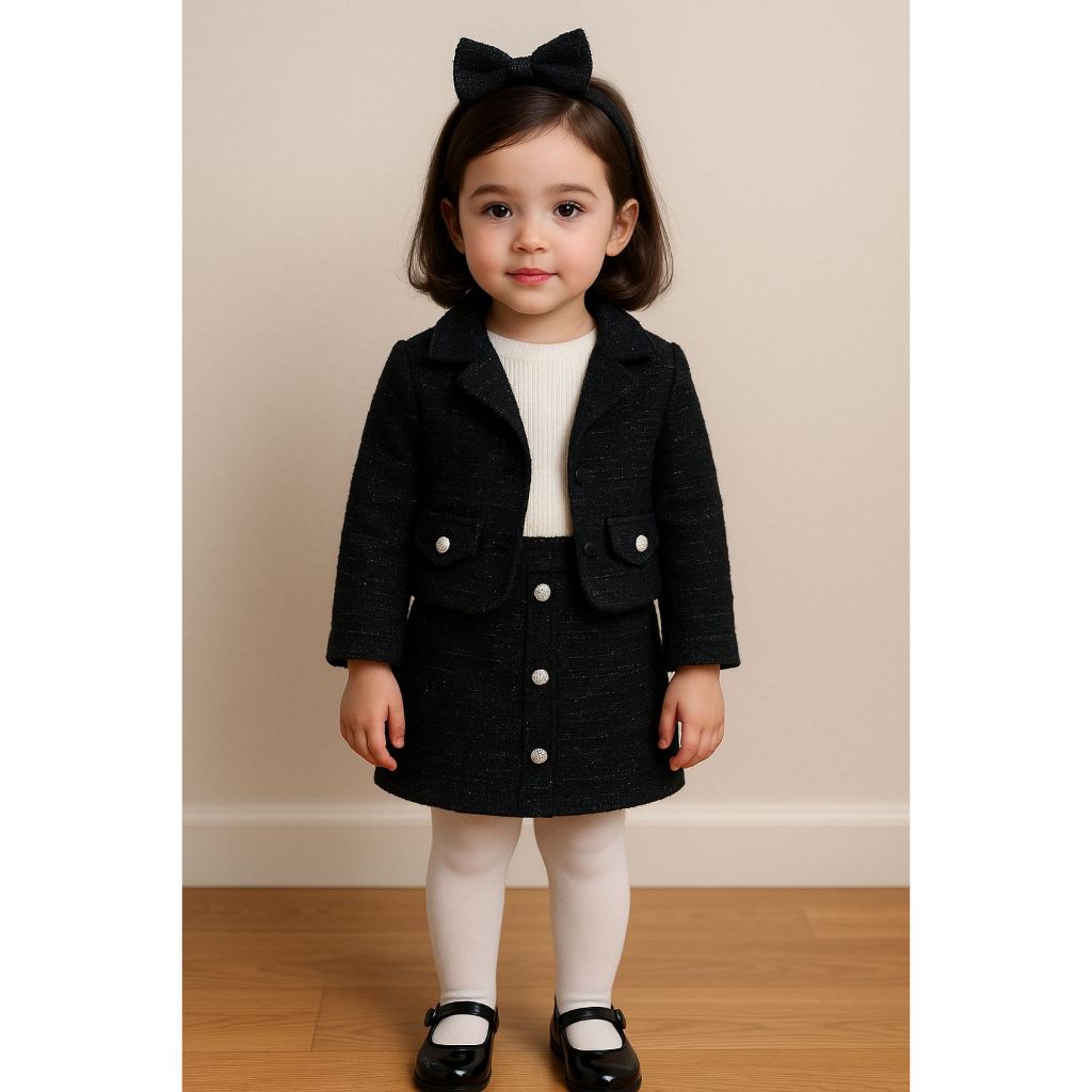 Conjunto Infantil Menina Casaco + Blusa Branca + Short Saia