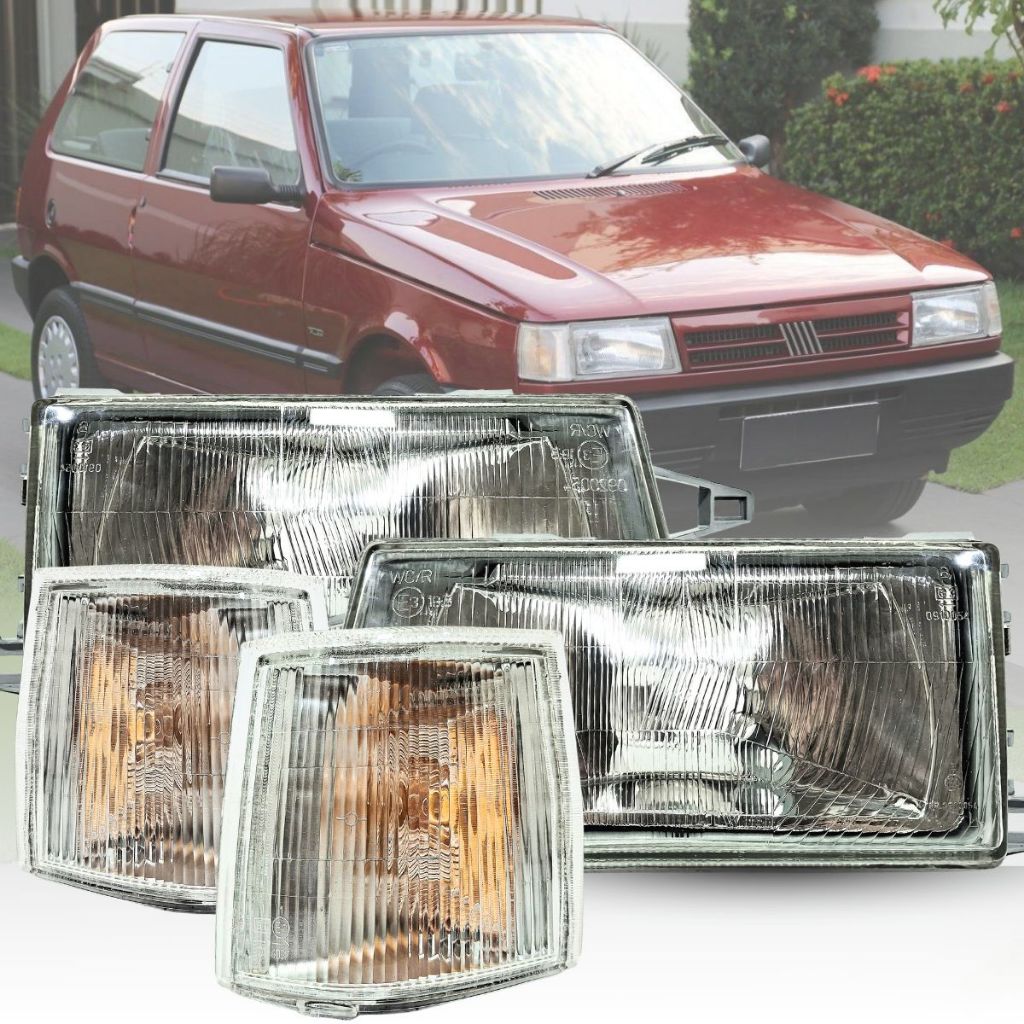 Kit Par Farol e Pisca Dianteiro Fiat Uno Fiorino Premio Elba 92 94 96 98 2000 2002 2004 Lente Acrílico e Vidro