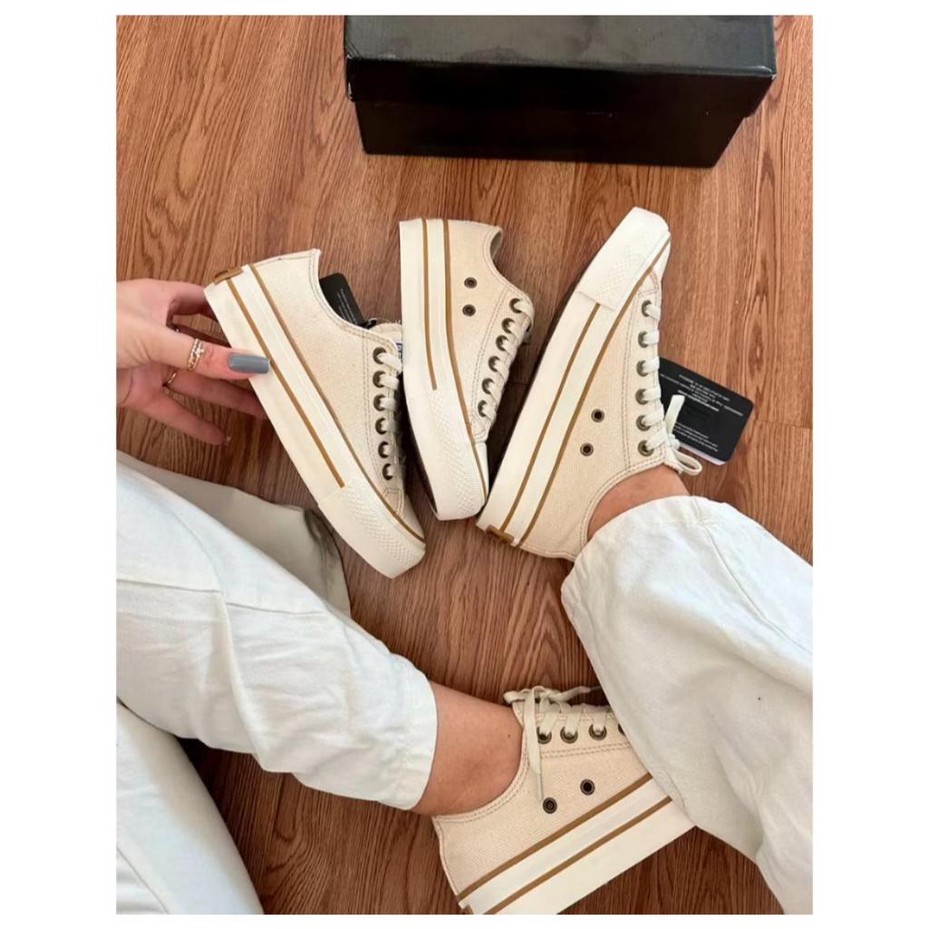 tênis Star Plataforma Sola Alta Bege Moda Envio Imediato Feminino