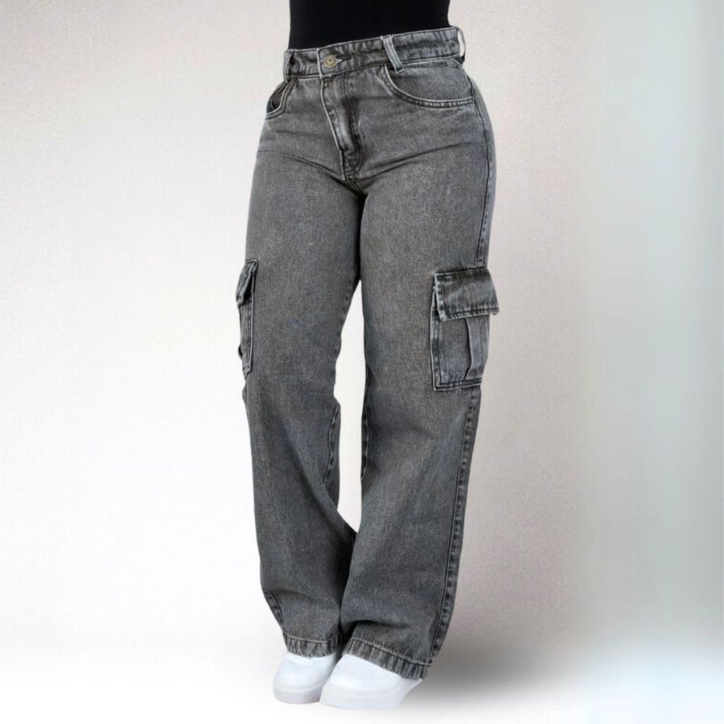 Calça Cargo Jeans Feminina Wide Leg grafite tecido algodão cintura alta cinza moda blogueira em Oferta na Shopee