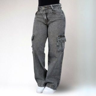 Calça Cargo Jeans Feminina Wide Leg grafite tecido algodão cintura alta cinza moda blogue…