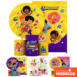 Painel 3 Palavrinhas + Capa Cilindro Casado Decoração Aniversário Infantil Sublimado - Licenciado