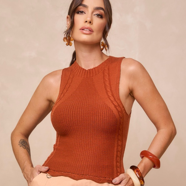 Blusa Regata Garrafinha Tricot Modal com detalhe Ajustável no Corpo Curta BabyLook Acinturada Social