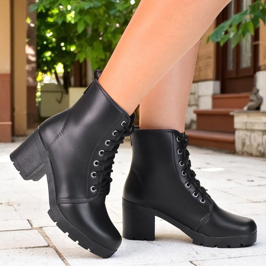 Botas Feminina Coturno Salto Tratorado Cano Curto Macio Confort Napa Preto Lançamento Cor Preto