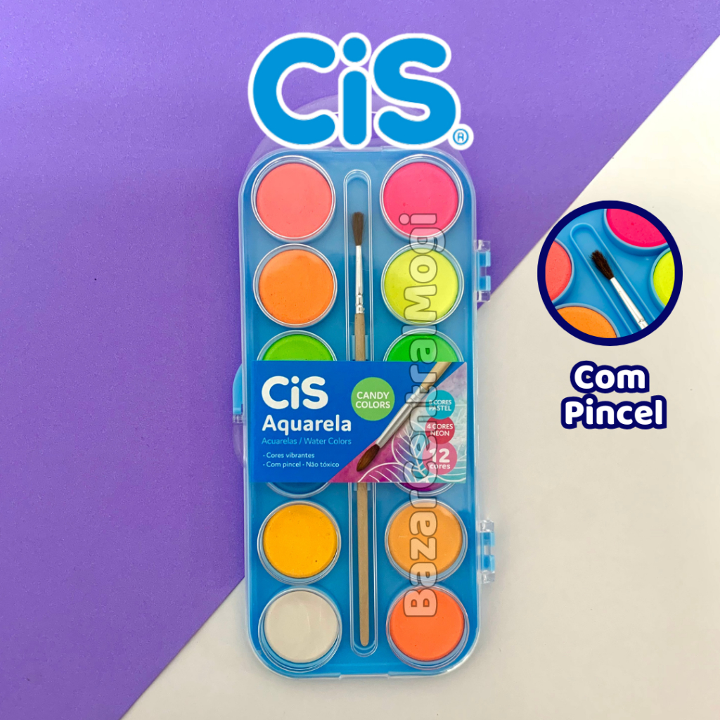 Aquarela em Pastilha 12 Cores Pastel Neon Candy Colors Cis com Pincel Estojo Godê