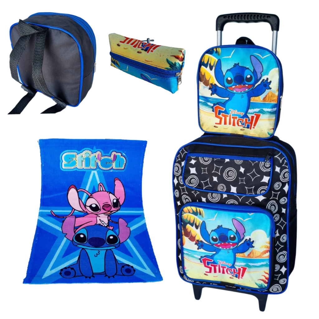 Mochila Masculino Infantil Escolar Stitch Azul Grande com Rodinhas Lancheira Estojo meninos Kit
