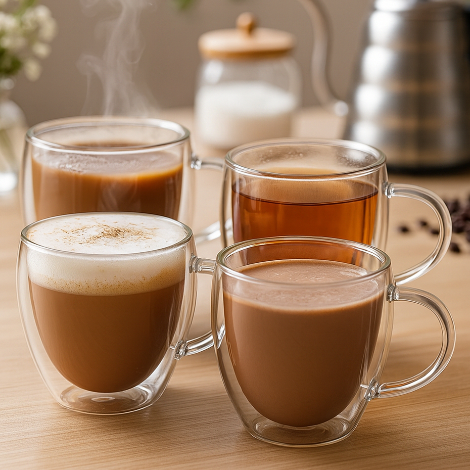 Kit 4 Xícaras de Café de Vidro com Alça 250 ML com Parede Dupla Resistente Pode Ir Ao Micro-ondas