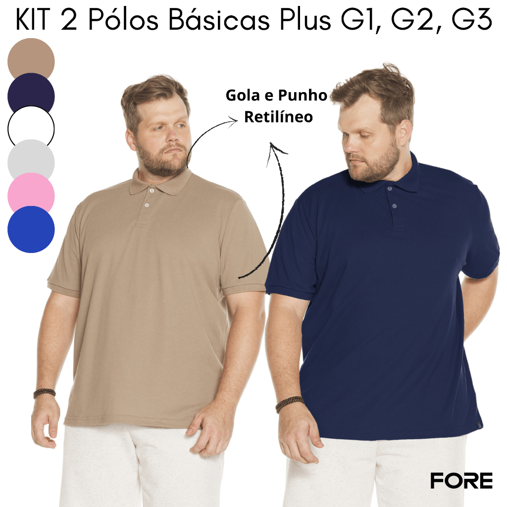 Kit 2 Polos Masculinas Plus Lisas Algodão Manga Curta 505304-K2
