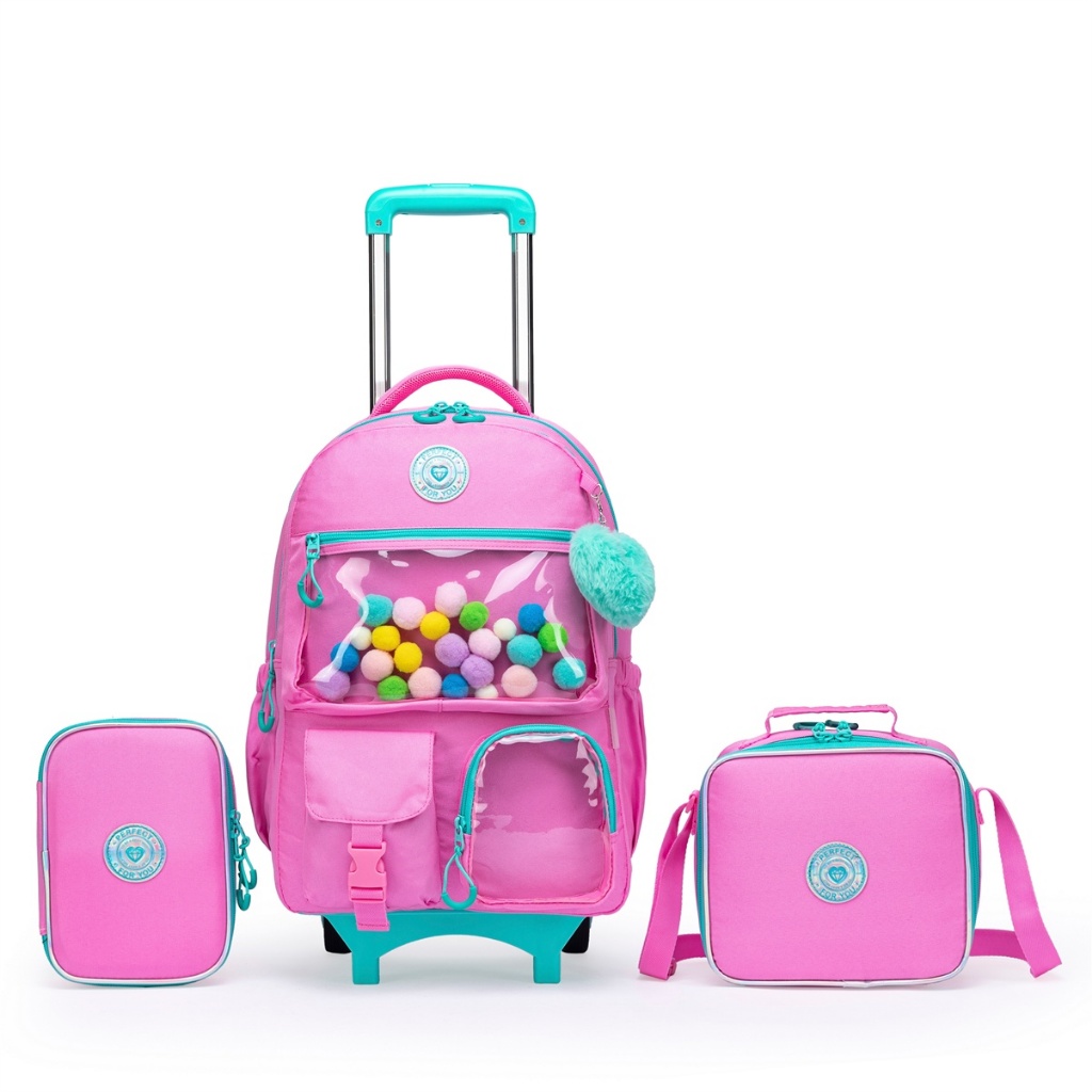 Kit Mochila de Rodinhas Feminina com Lancheira Térmica e Estojo Reforçada Carrinho Removível