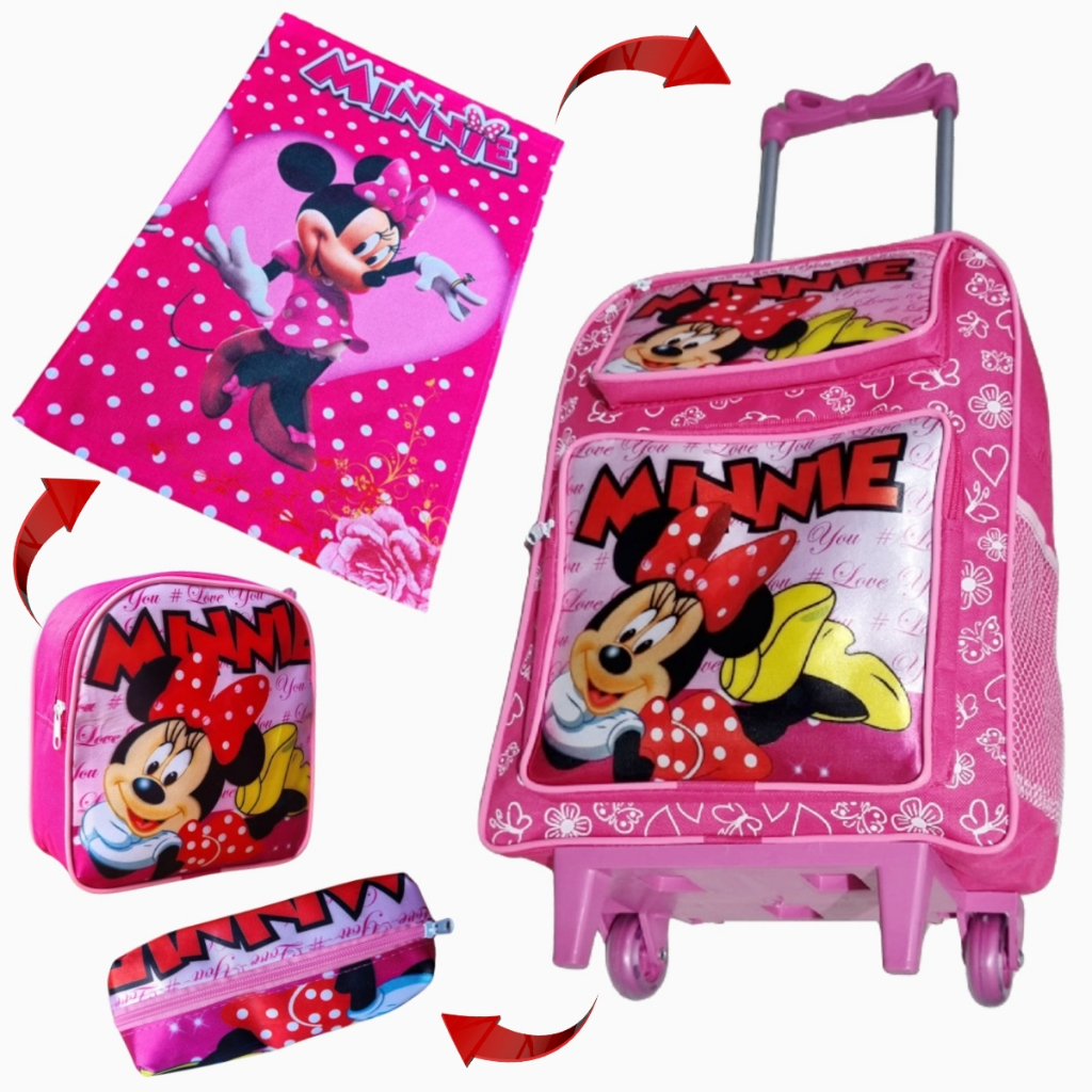 Mochila Feminina Escolar Minie Infantil Grande com Rodinhas Kit Lancheira Estojo toalhinha Meninas