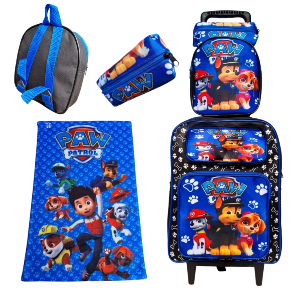 Mochila Masculina Infantil Patrulha Canina Grande Rodinhas Kit Escolar Lancheira Estojo Toalhinha