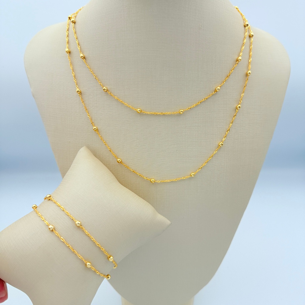 Kit Colar +Pulseira feminino dupla e faixa laminada torcida  com bola em banhado e ouro 18k e prata 925