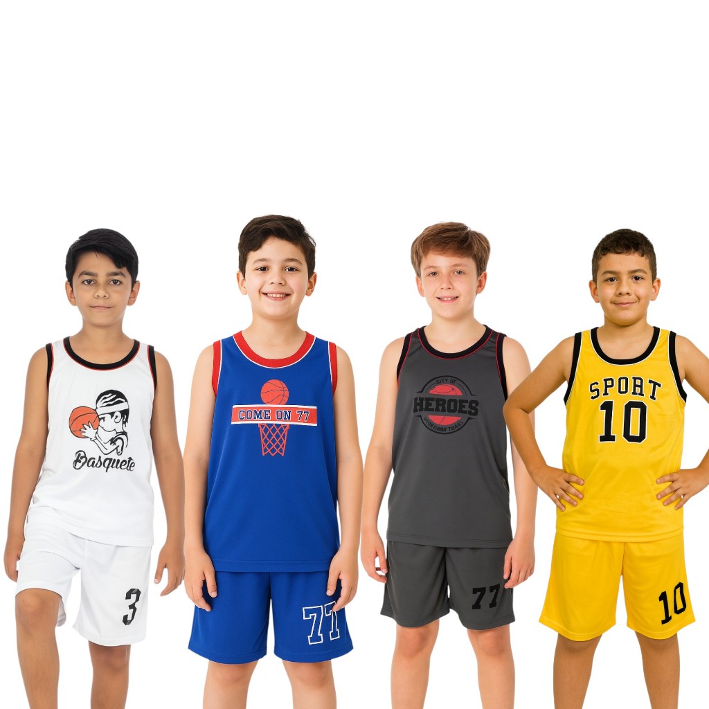 Conjunto Esportivo Infantil Masculino 6 a 12 Anos – Regata e Short Basquete Verão em Oferta na Shopee