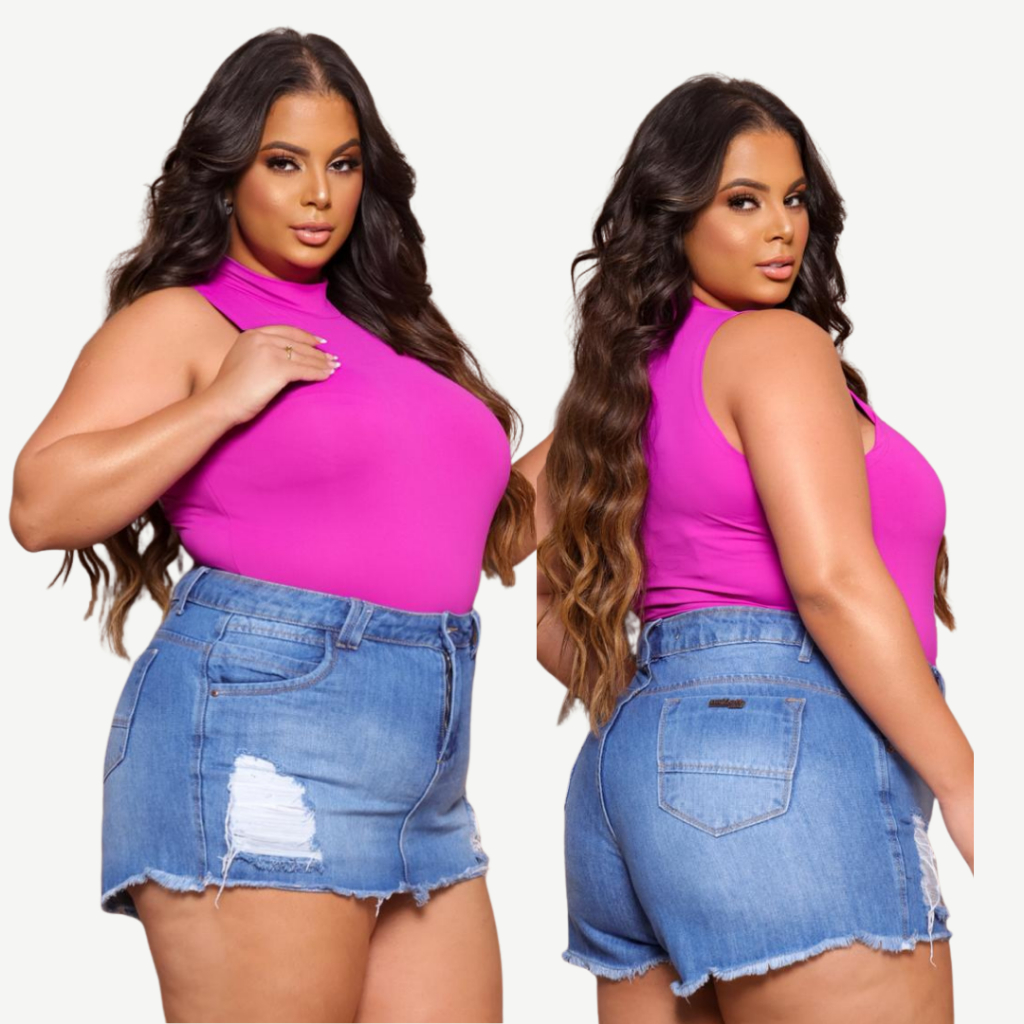 Short Saia Plus Size Jeans Claro/Escuro Feminino Cintura Alta Desfiado Elegante