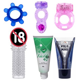 KIT Anel Peniano Simples + Anel com Vibro + Super anel + capa peniana + Lubrificante Fácil Lub + Volumão gel - SEX SHOP em Oferta na Shopee