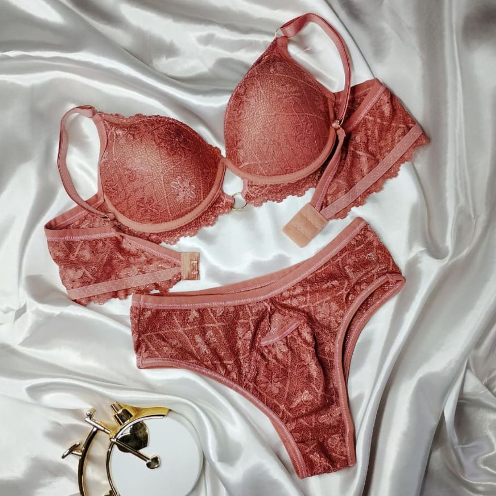 Conjunto Lingerie Feminino Calcinha Renda Sensual e Sutiã Com Bojo