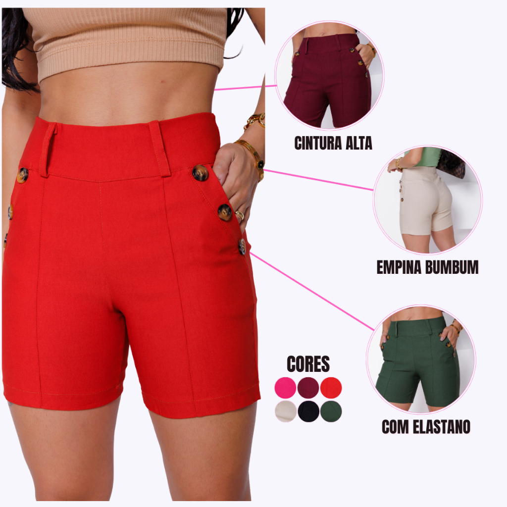BERMUDA FEMININA COM BOTOES LATERAIS E CINTURA  ALTAs se em Oferta na Shopee