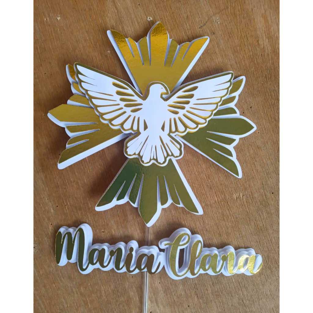 ENVIO RÁPIDO! Topo de Bolo Batizado 3 D, Crisma, Divino Espitito Santo, Primeira Comunhão,  Dourado