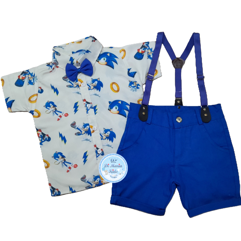 Conjunto Temático Sonic Camisa Short Suspensório Roupa bebe menino festa infantil Personagens