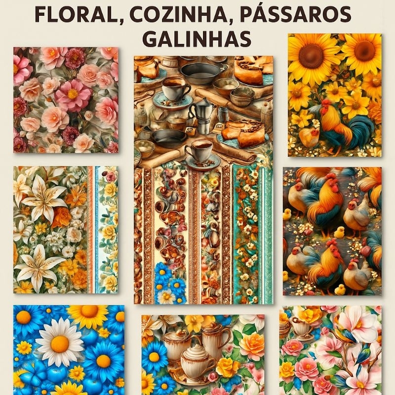 Tecido Oxford 3D 1,47m Largura – Floral, Cozinha, Pássaros, Galinhas – Artesanato, Decoração e Costura Criativa