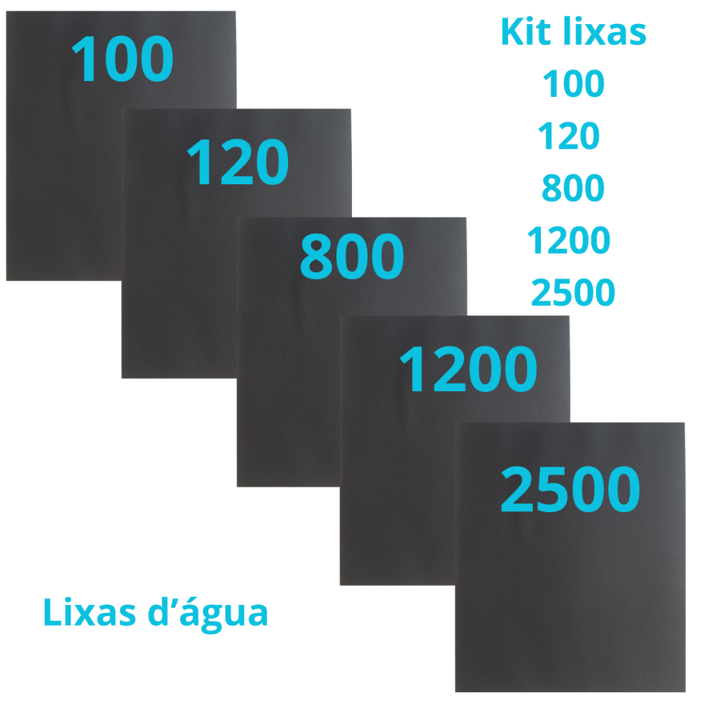 Lixa 100 120 800 1200 2500 Kit 1 folha de cada Grão D'água Lixamento Acabamento Polimento Plástico