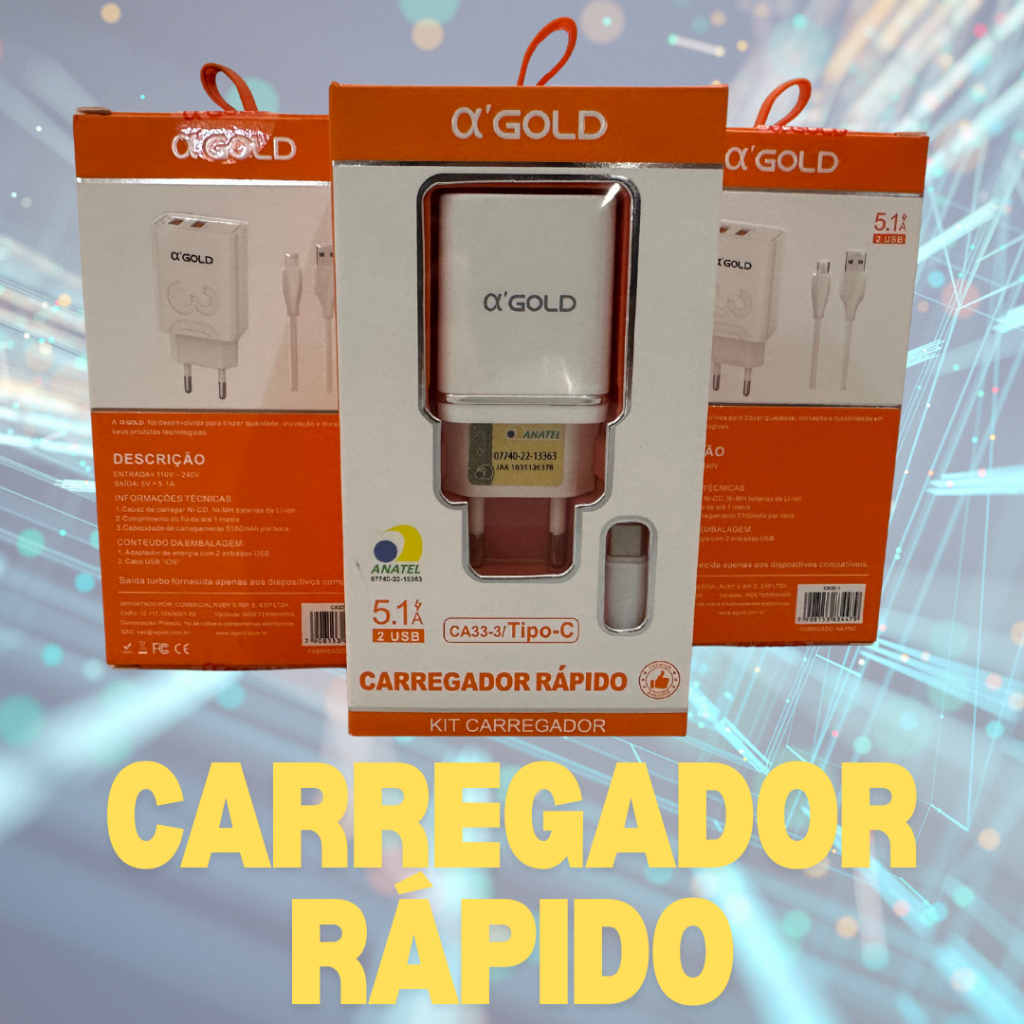 Carregador Rápido 5.1A 2 USB + Cabo Tipo-C | Carregador Turbo Bivolt | Para Celular Android compatível com iPhone