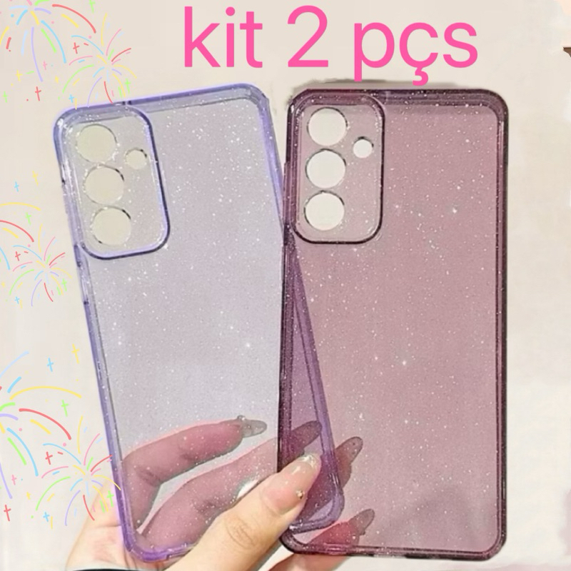 Kit 2 unidades capa capinha com brilho proteção de câmera pra Samsung A06 A15 A16 A25 A26 A35 A36 A55 A56 S24Fe S23Fe