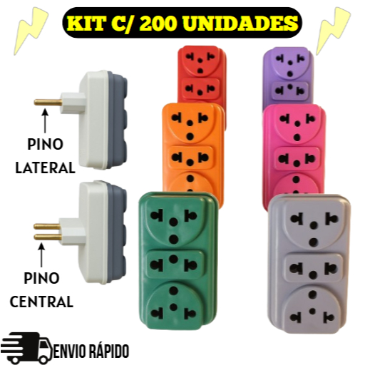 Kit 50/100/200 Adaptador Tomada Benjamin T Triplo 03 Entradas Pino Central/Lateral Colorido 10A/20A Bivolt