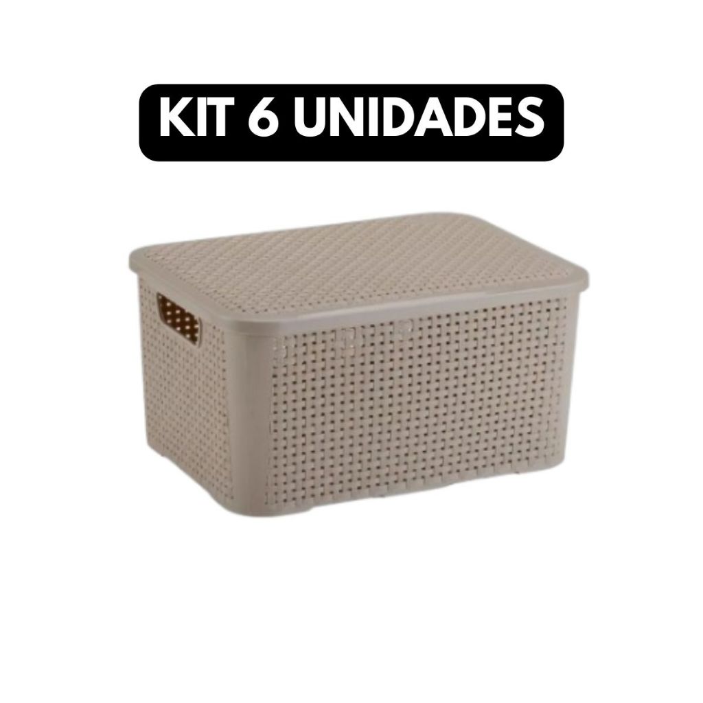 KIT 6 Cesto Caixa Organizadora Rattan 18 Litros Com Tampa Resistente