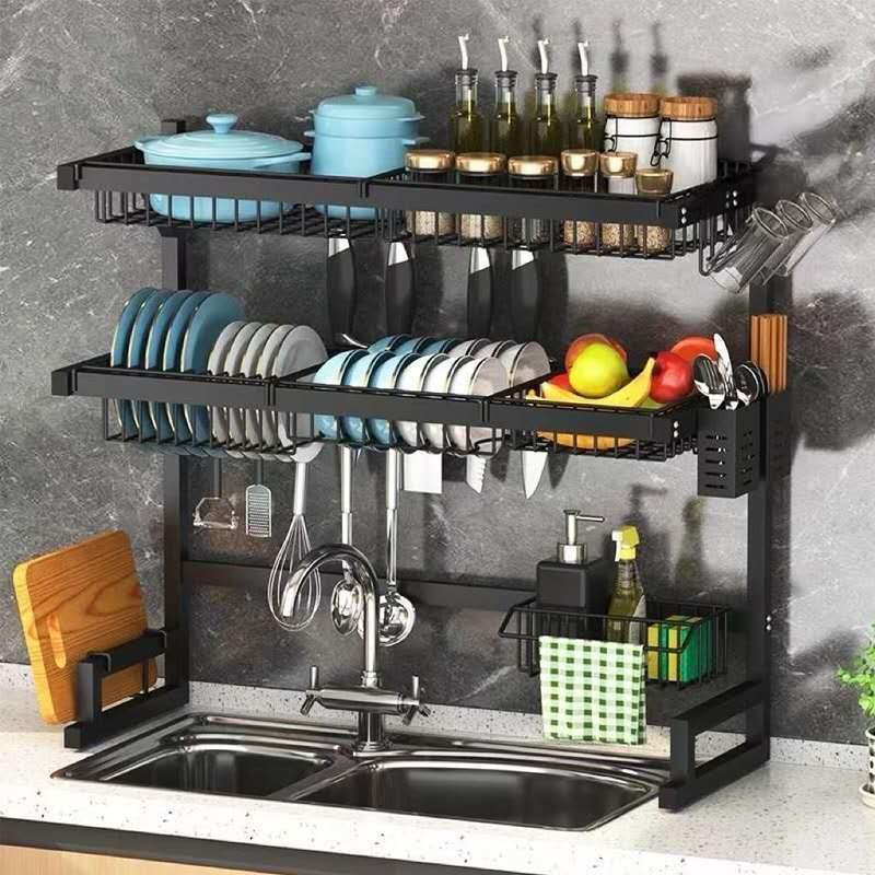 Escorredor de louças modular de aço inoxidável preto para cozinha, 2 níveis, para pendurar pratos em Oferta na Shopee